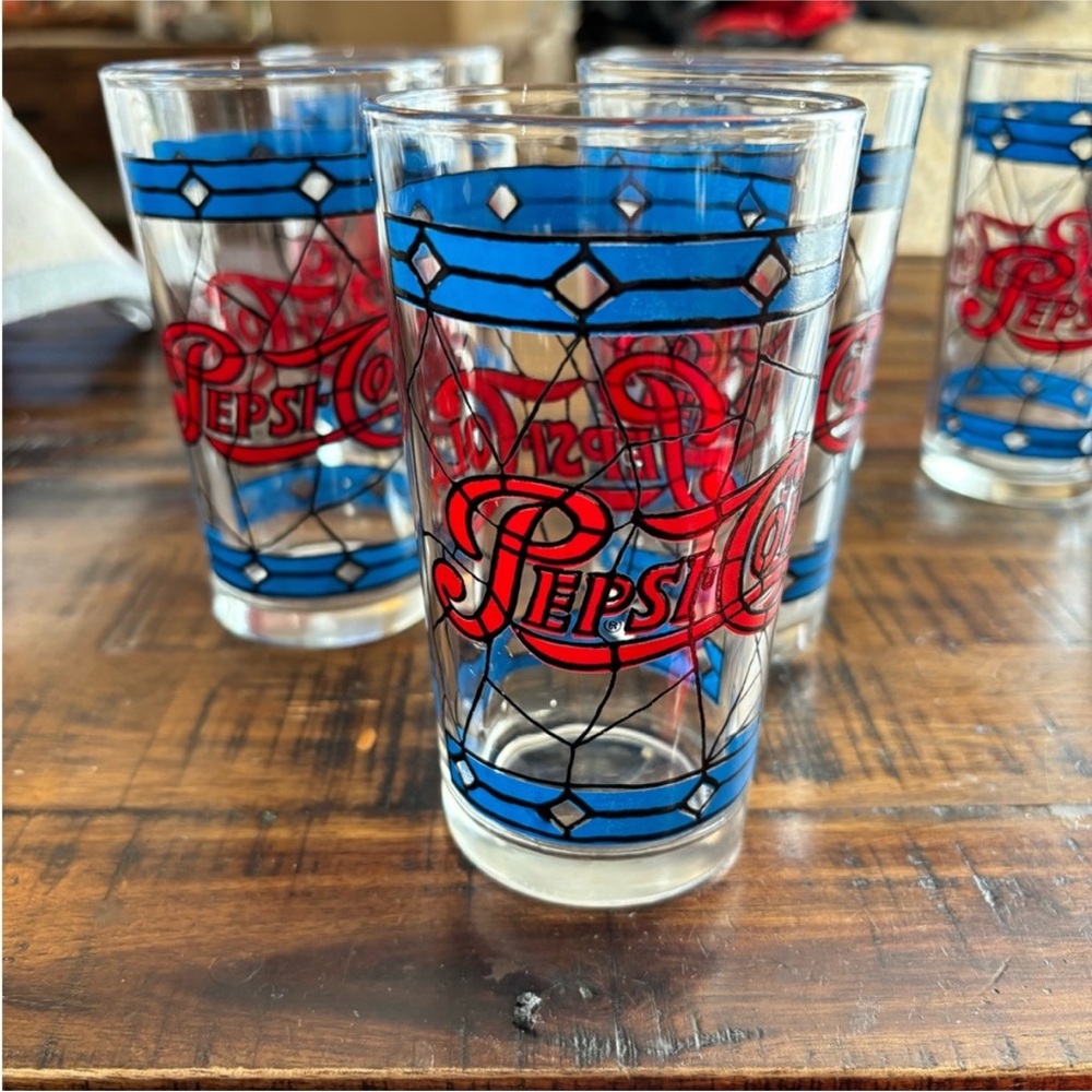 Vintage Tiffany Style Pepsi Cola Glasses Tumblers Red Blue Stained Glass Design - Picture 2 of 3